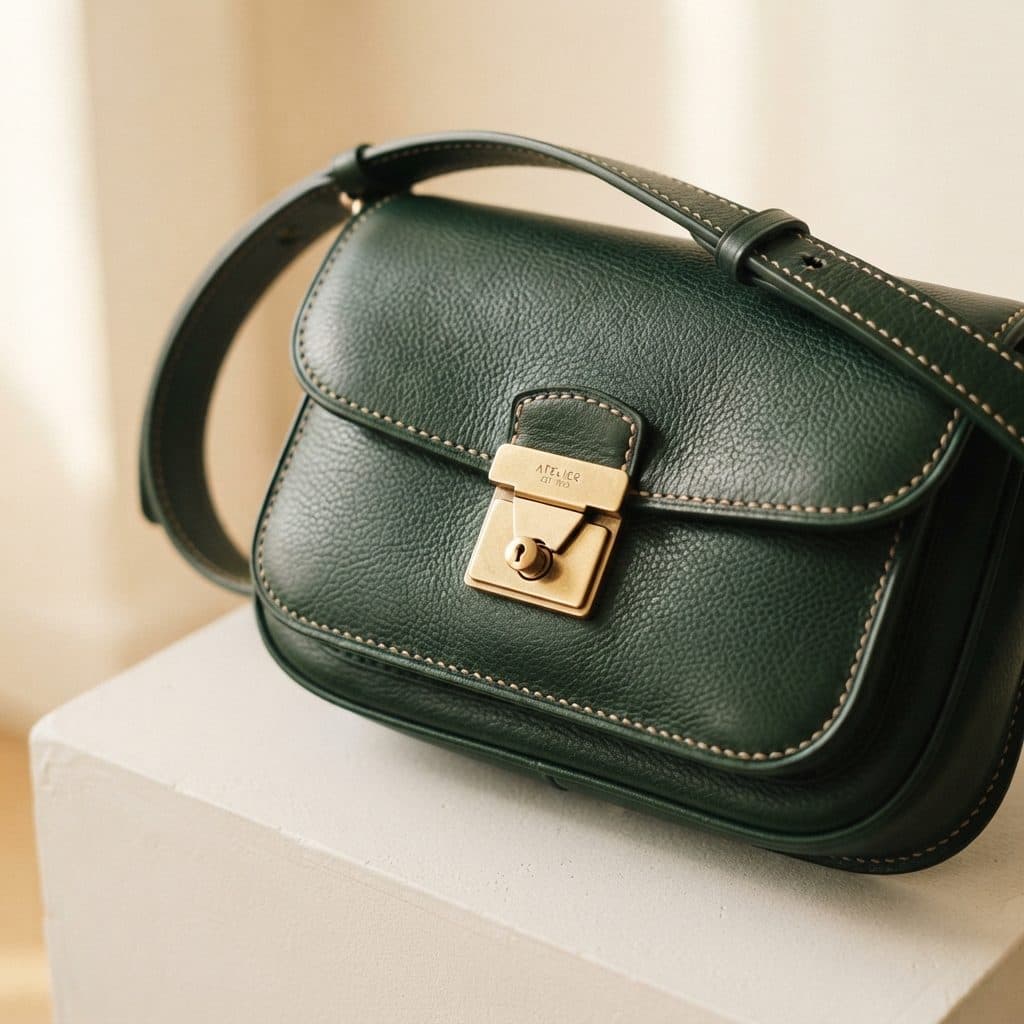 Artisanal macro close-up of bottle green leather with a brass vintage turn-lock clasp